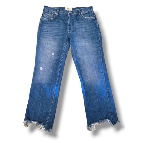 Free People Maggie Straight Leg Raw Hem Distressed Blue Jeans - Size 28 - Picture 1 of 9